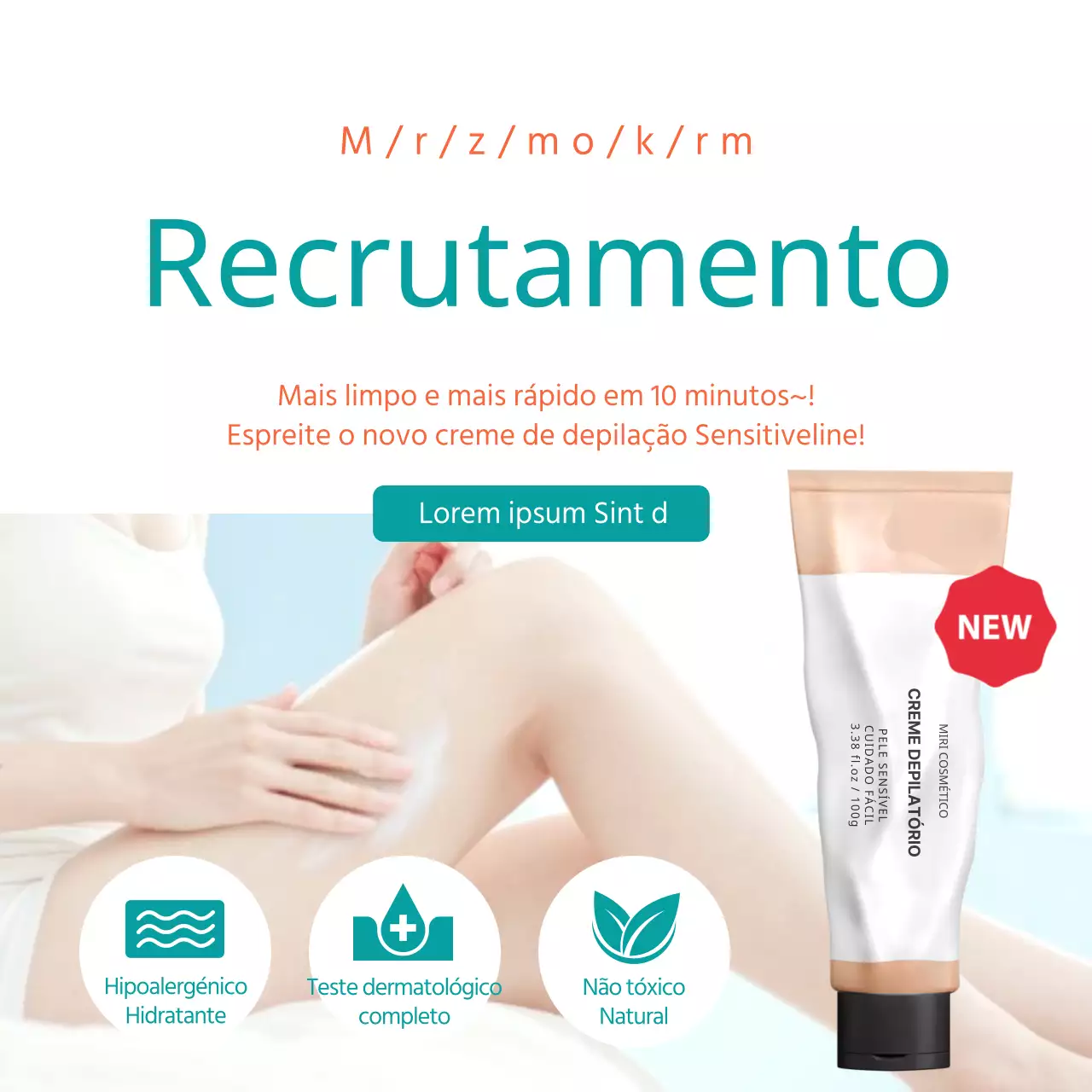 Fotografias em tons de menta e bege e destaques do produto Recrutamento para um ensaio de creme de depilação