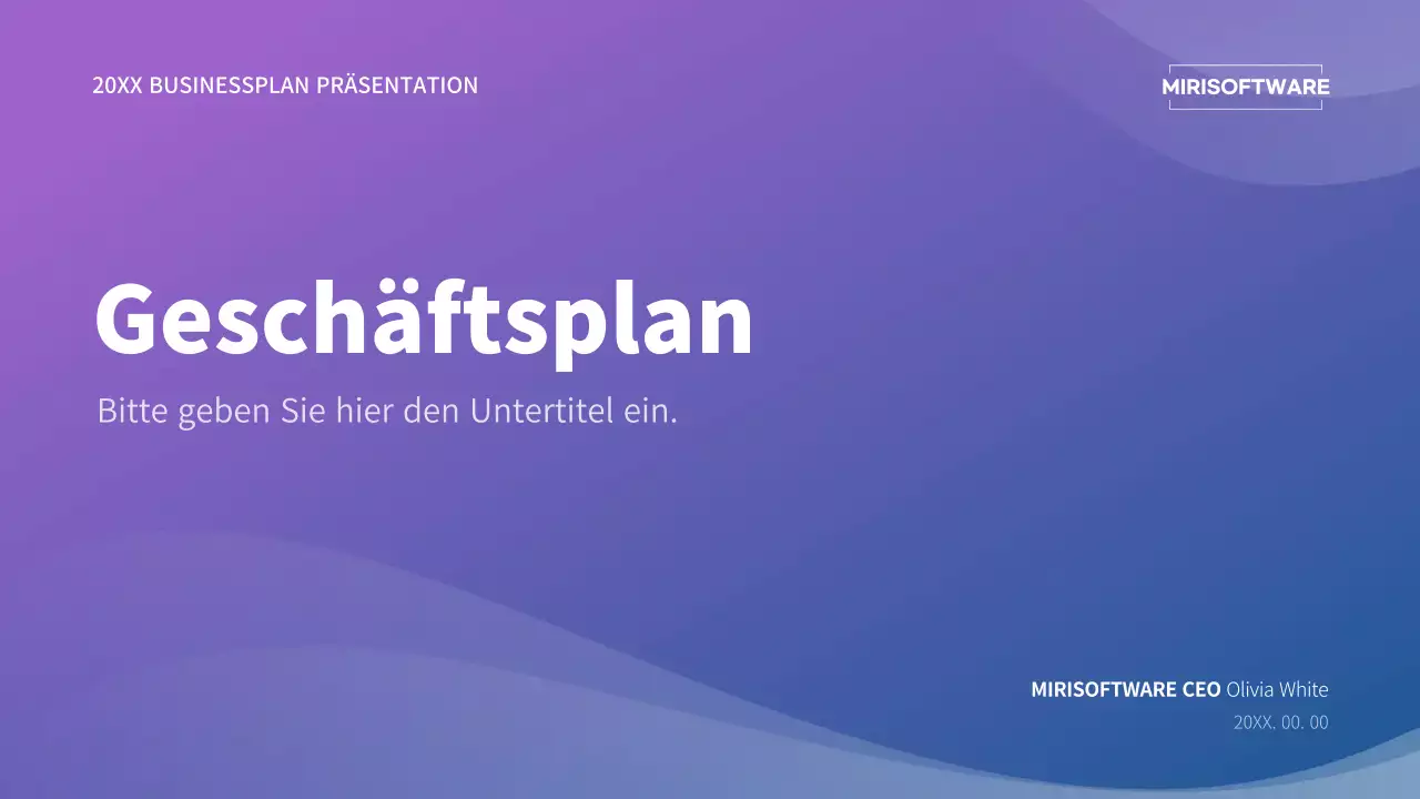 Businessplan-Präsentation mit einem lila und blauen Farbverlauf Konzept