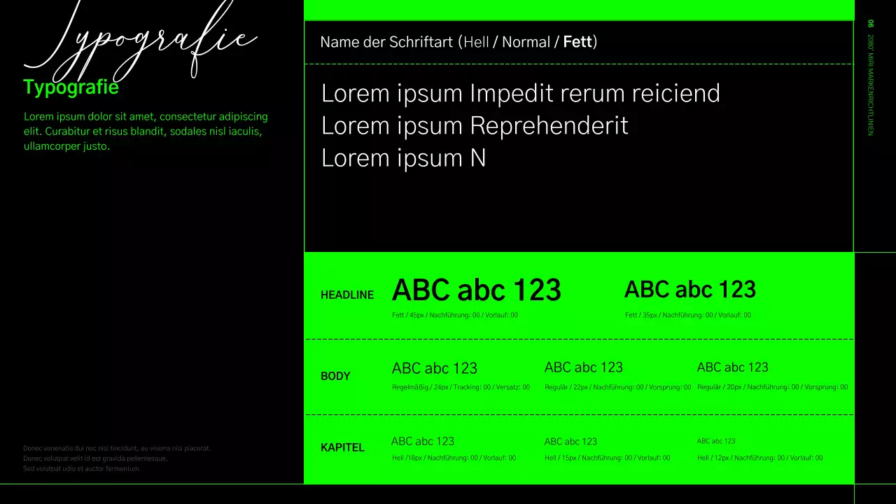Leitlinien zur Markenidentität in einem lindgrünen und schwarzen Rasterformat