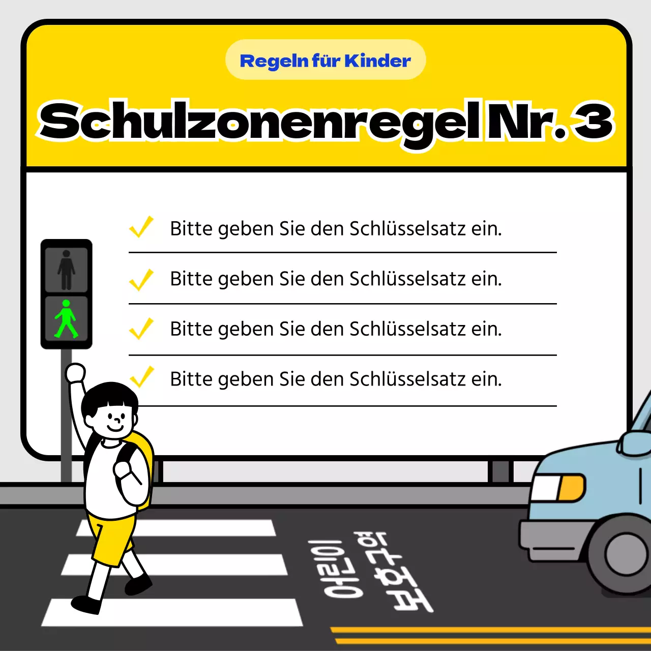 Verkehrssicherheitstipps für Schulgelände mit gelbem und blauem Schildkonzept