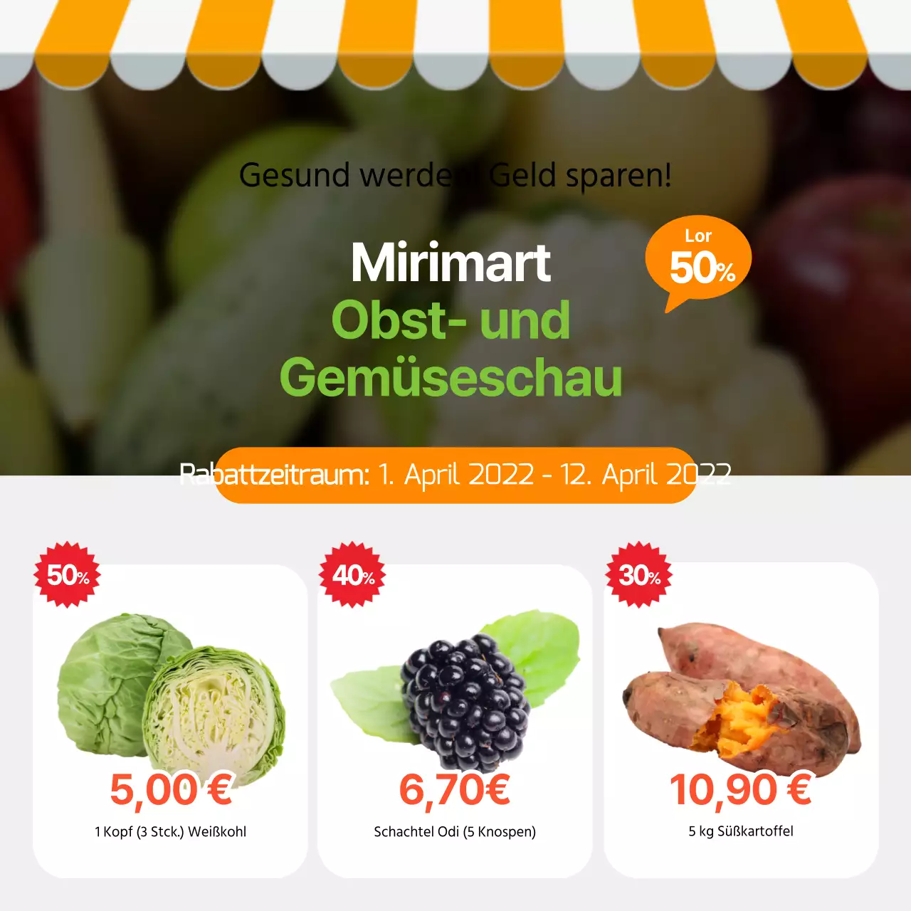 Obst und Gemüse der Saison im Mai CardNews Design in Gelb und Grün