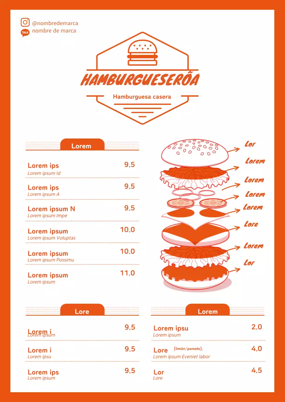 Bonito menú de hamburguesa de restaurante con ilustración naranja