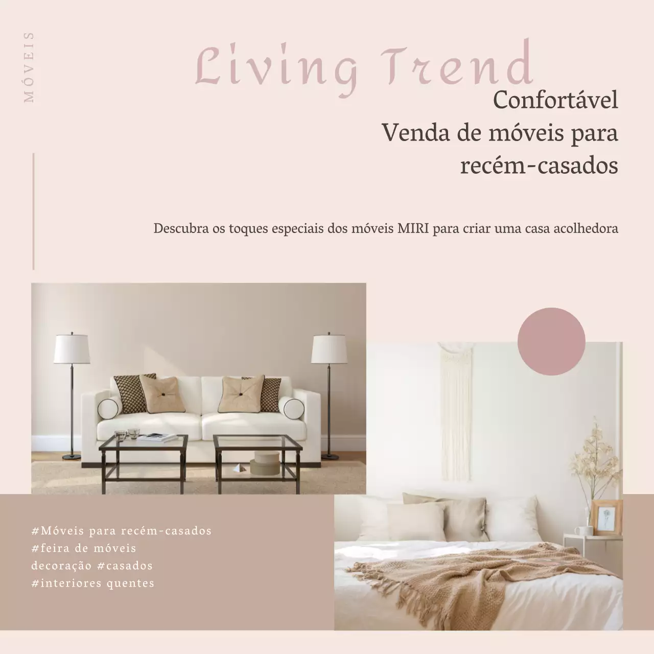 Exposição de mobiliário para recém-casados em bege e cor-de-rosa Redes sociais