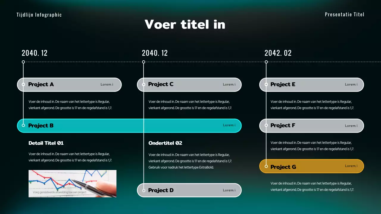 Tijdlijn infographic in zwarte en blauwe tinten