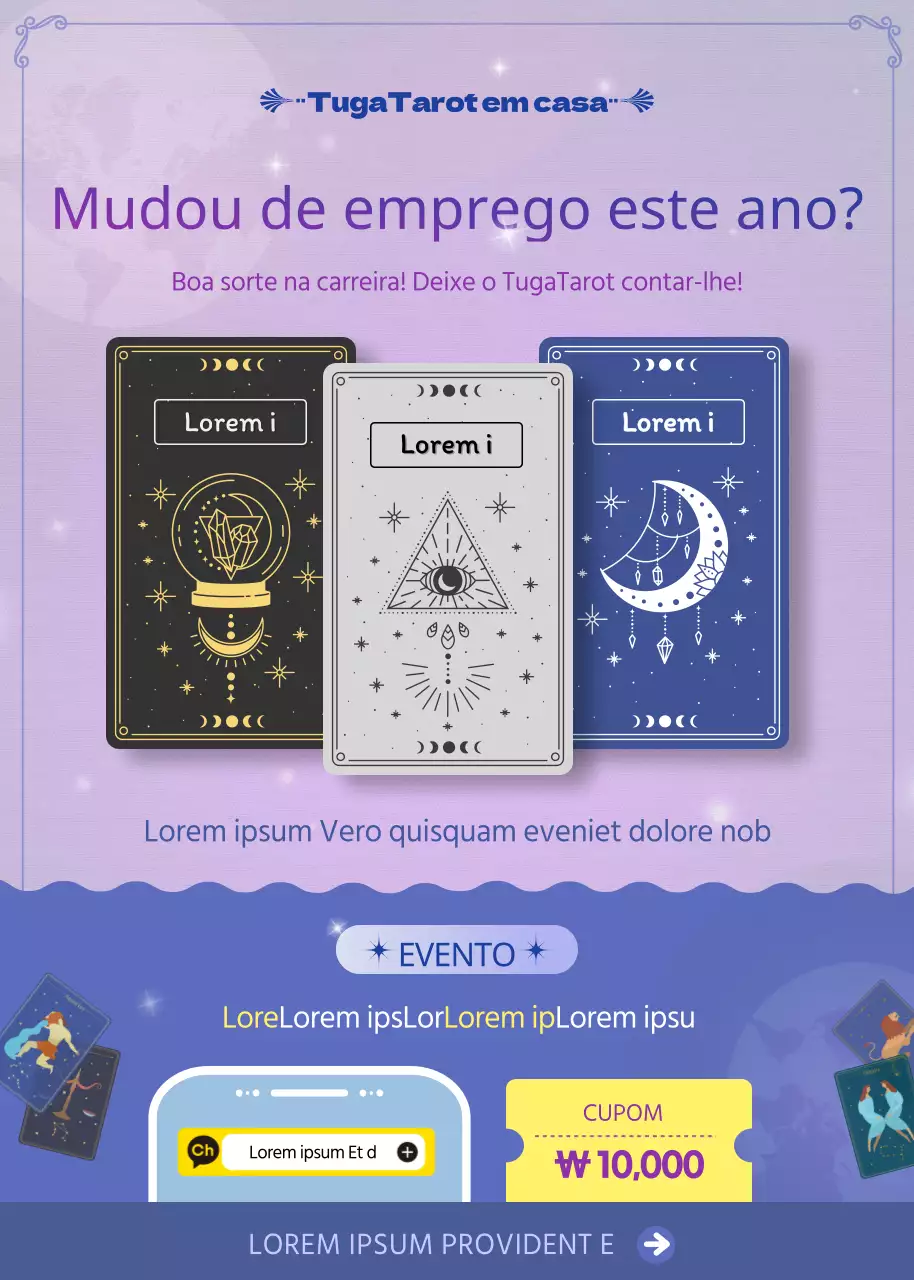 Um toque místico em roxo e azul-marinho Evento de cartas de tarot da sorte da carreira Pop-Up