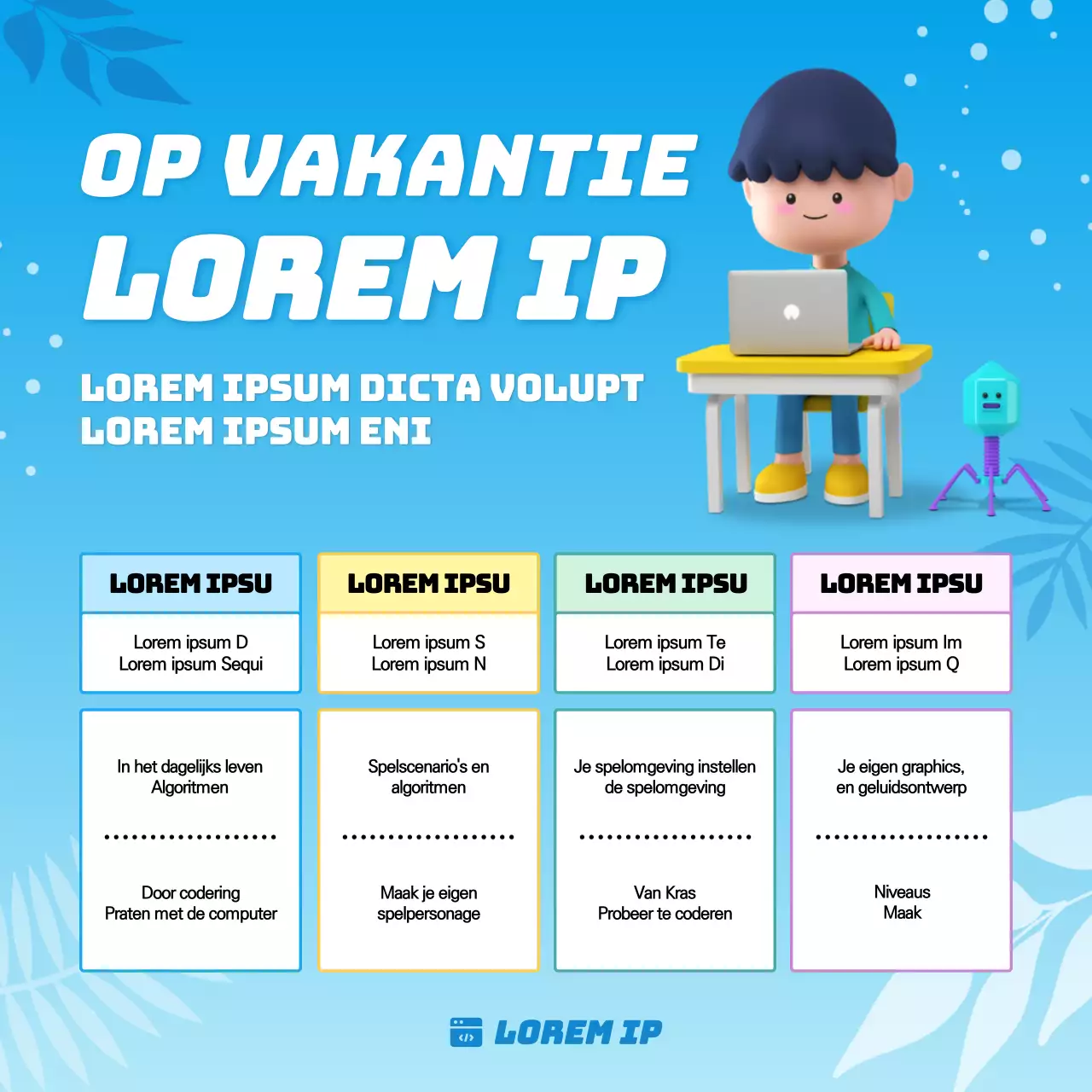 Zomercursus coderen voor basisschoolleerlingen met blauwgetinte, 3D-geïllustreerde concepten