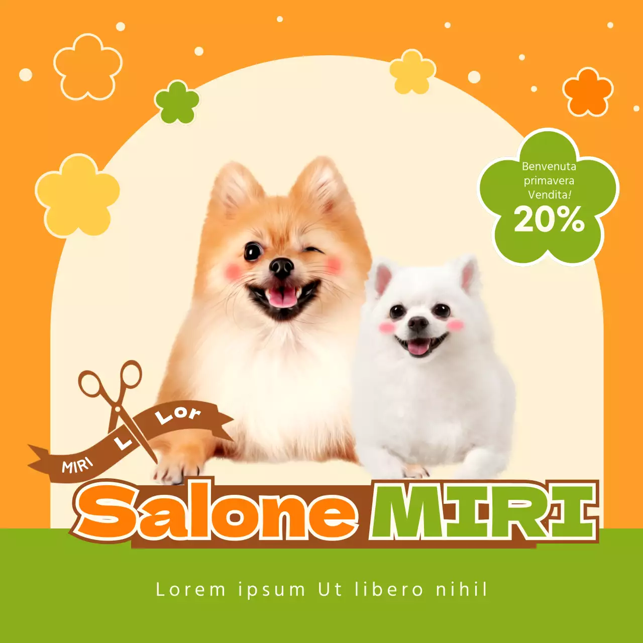 Promozione per la toelettatura di cani gialli e verdi