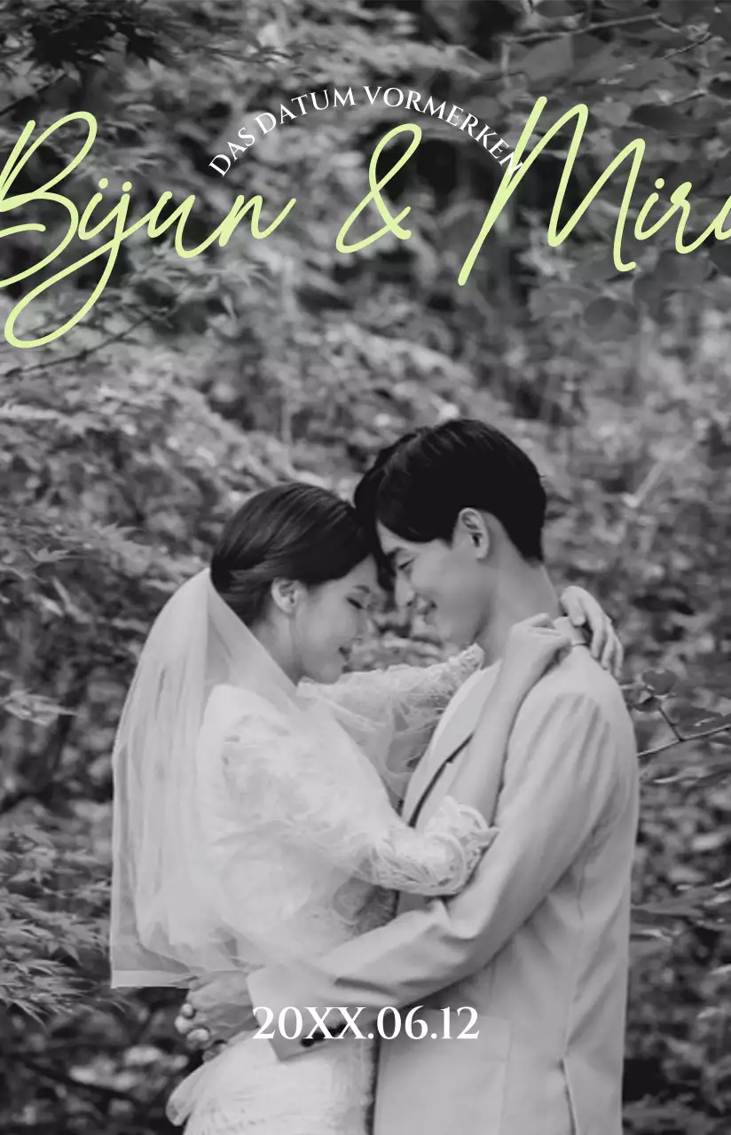 Eine gedämpfte Fotokarte Hochzeitseinladung mit grünen Akzenten