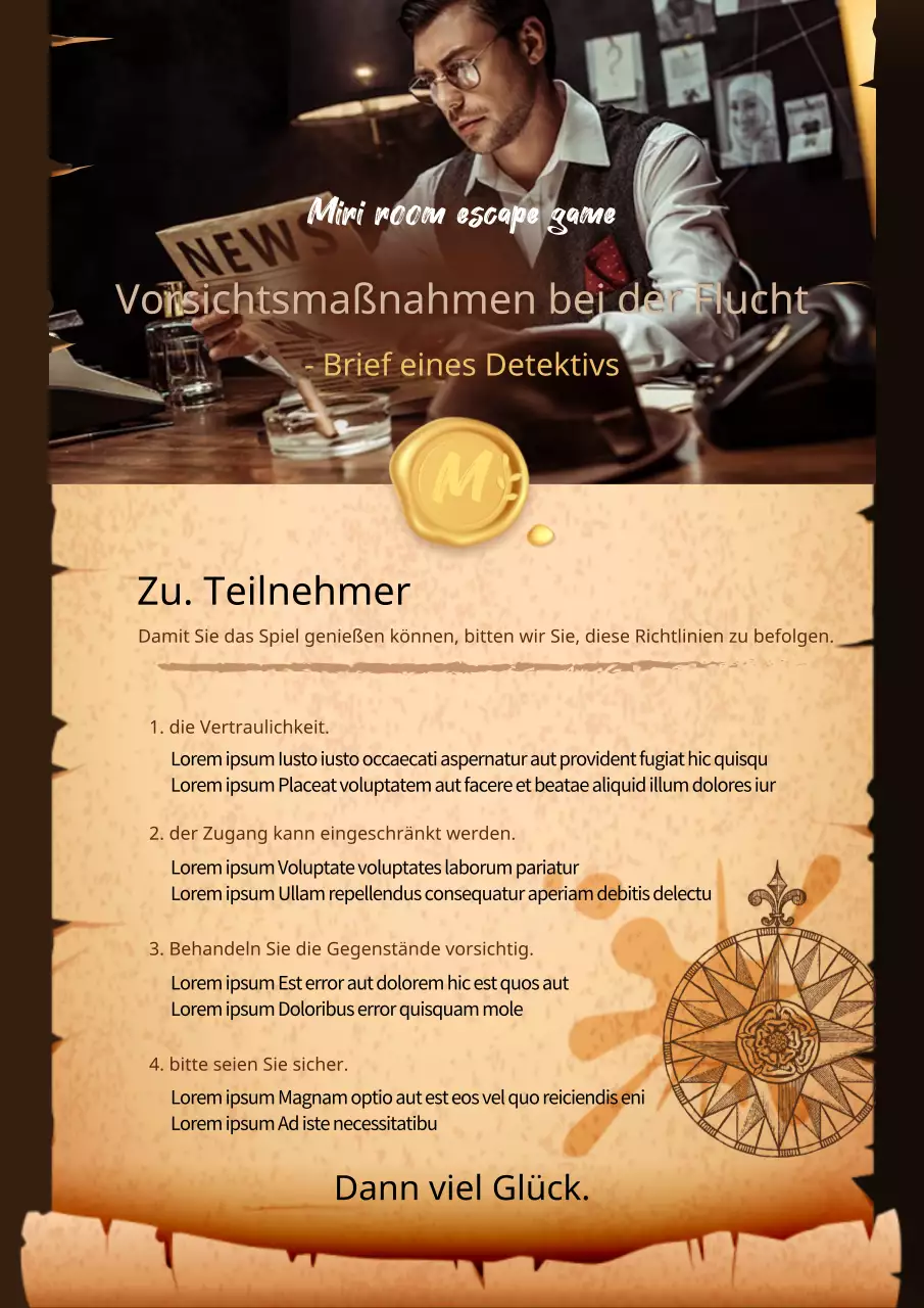 Escape-Room-Warnungen und -Versprechen in braunem, altem Briefpapier.