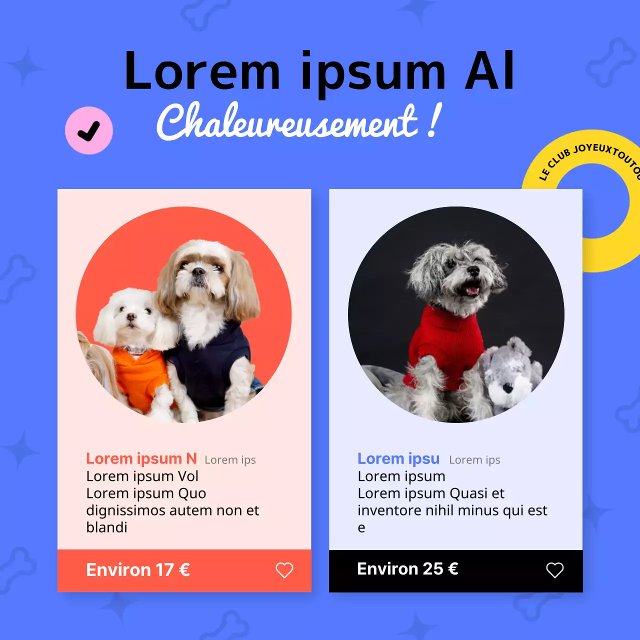Vêtements pour chiens bleus et jaunes, roses, modèles de médias sociaux