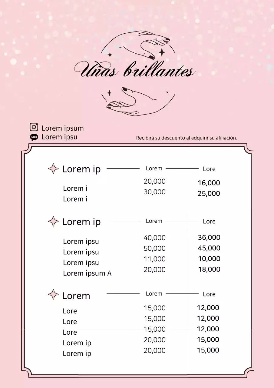 Menú de salón de manicura limpio con ilustraciones en rosa