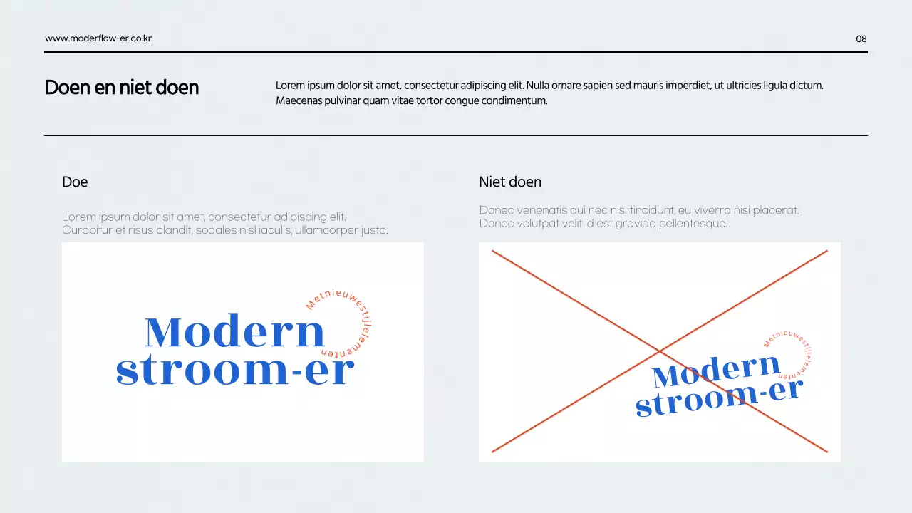 Een strakke presentatie van de merkgids in rood en blauw