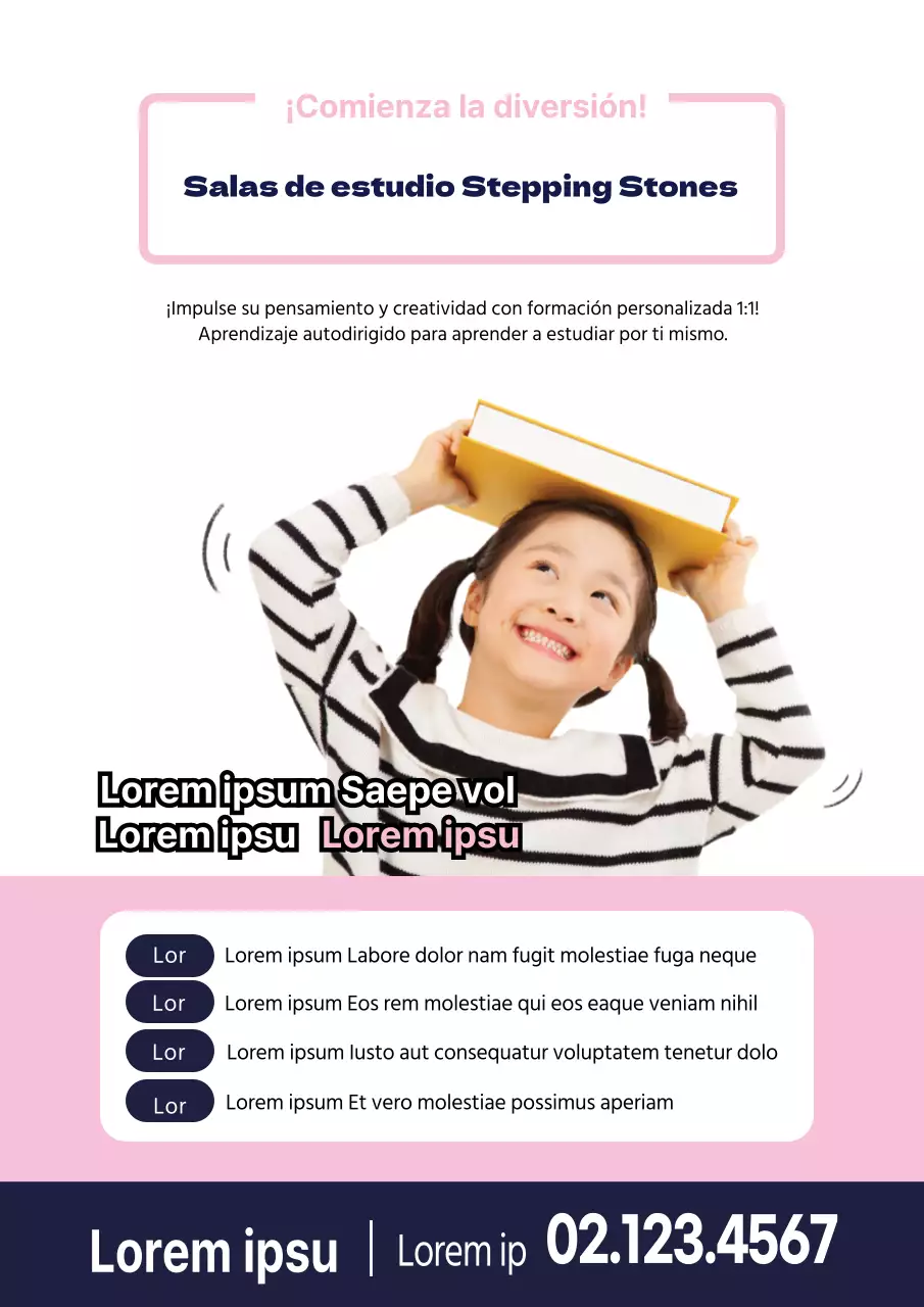 Promueva una sala de estudio de la academia ordenada y pulcra destacando las fotos en rosa y azul marino.