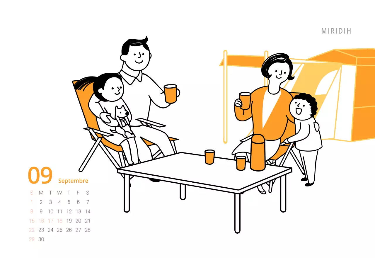 Calendrier de bureau illustré vert sur le thème de la famille
