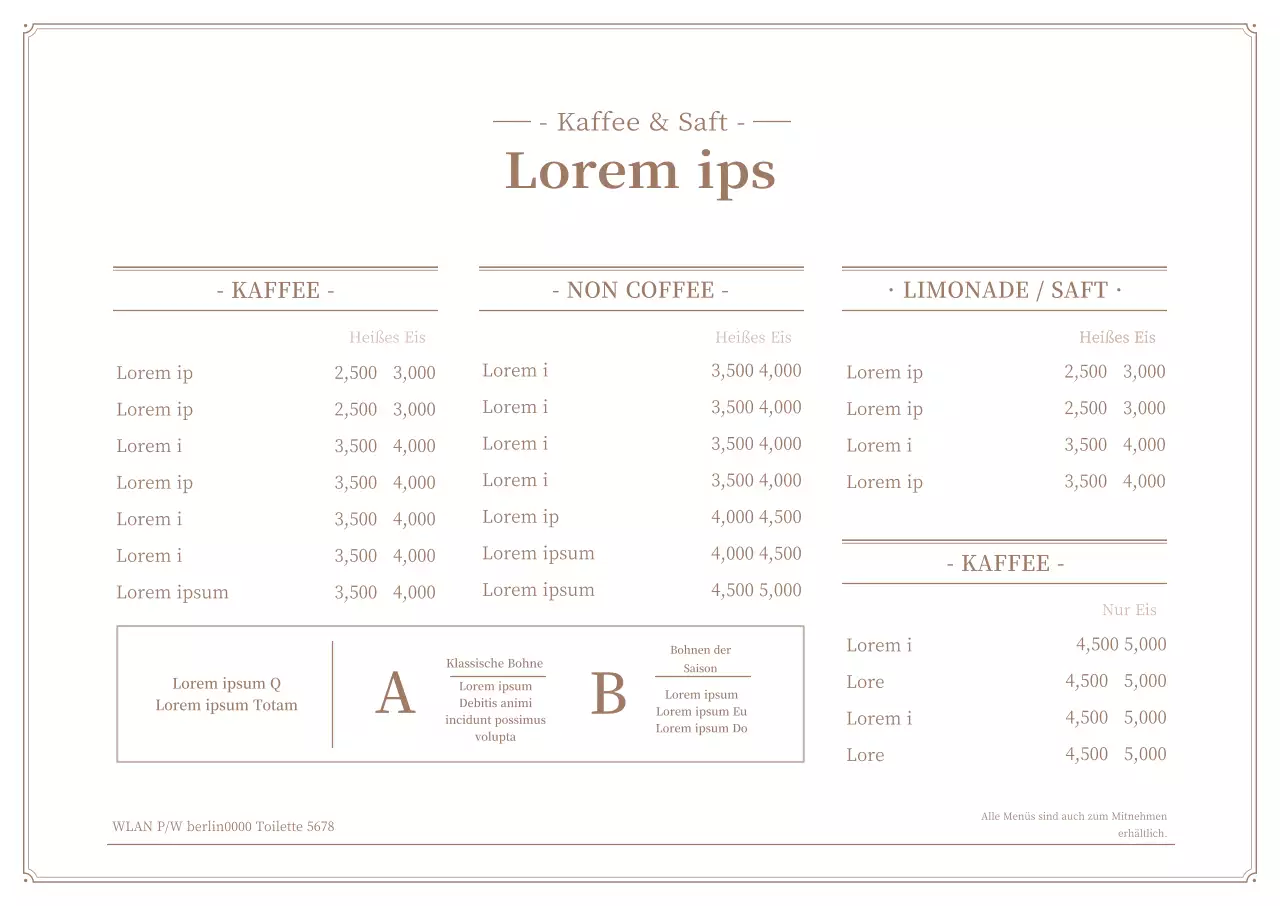 Einfaches Café Menü Bord horizontale Poster in weiß und braun