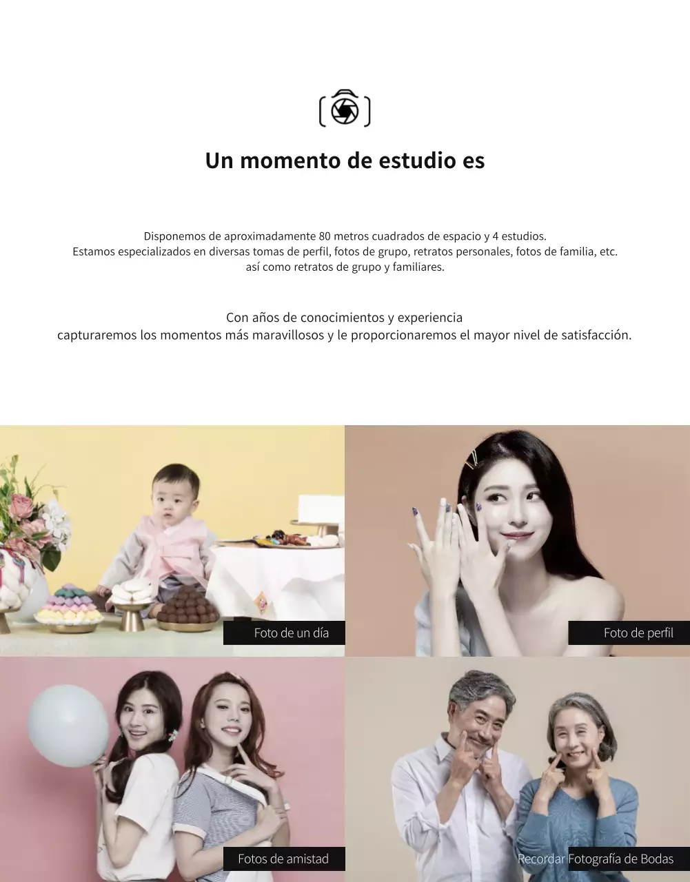 Página detallada del estudio fotográfico con tonos de color en blanco y negro