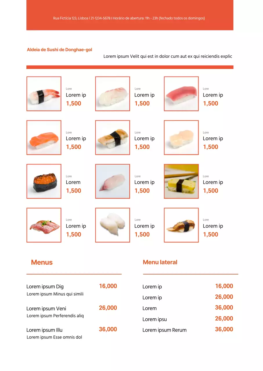 Menu de sushi de restaurante limpo com destaque para fotografia a laranja