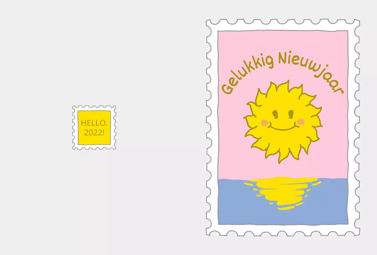 Nieuwjaarspostzegel met een schattige roze en gele zonillustratie