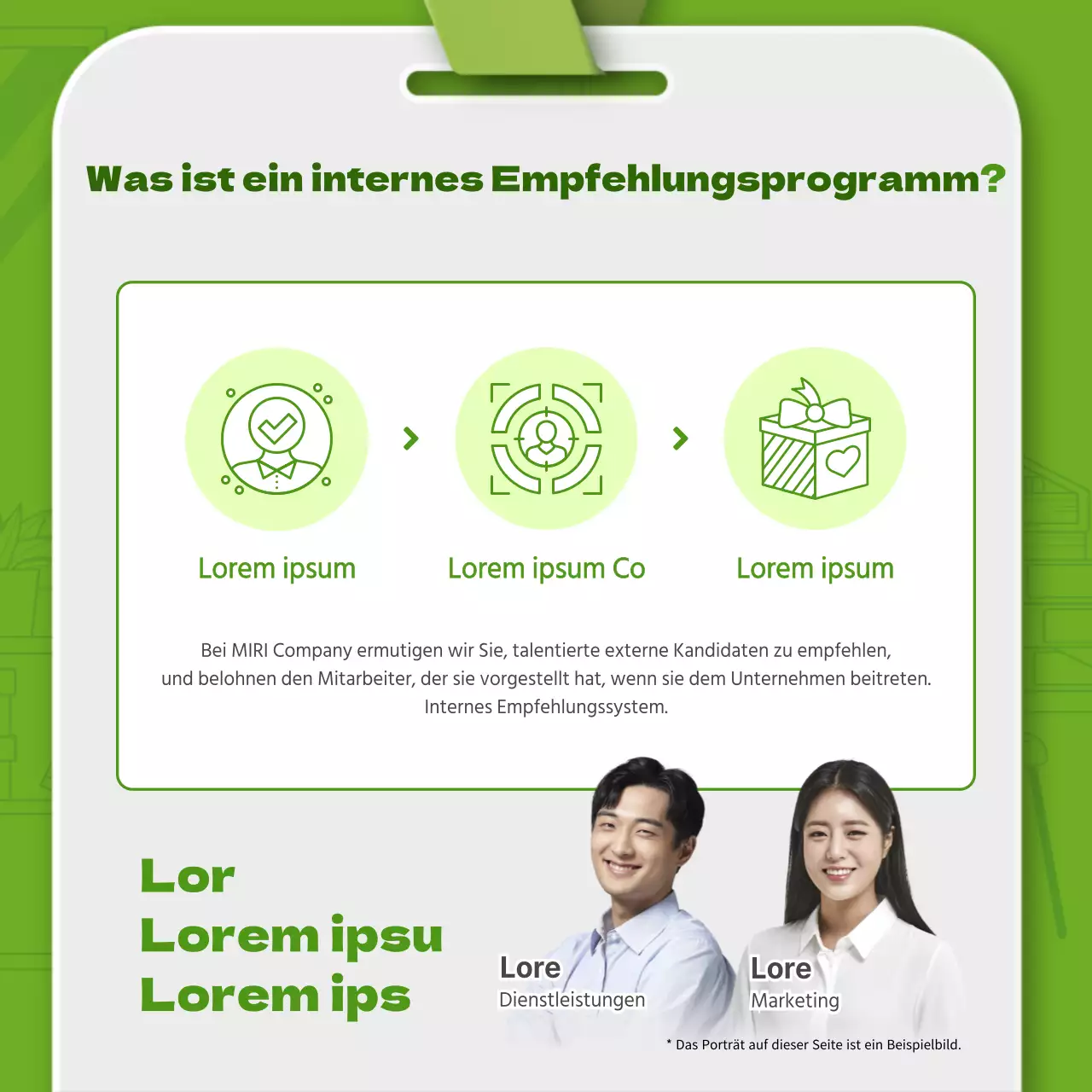 Grüne einfache Linie Illustration und 3D Mitarbeiter Karte Kombination Thema für die Einführung der internen Empfehlungssystem