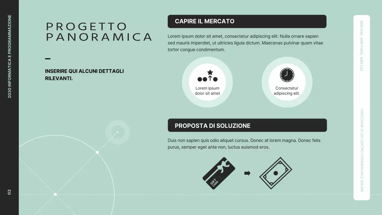 Presentare una panoramica pulita del progetto con grafica in nero e menta