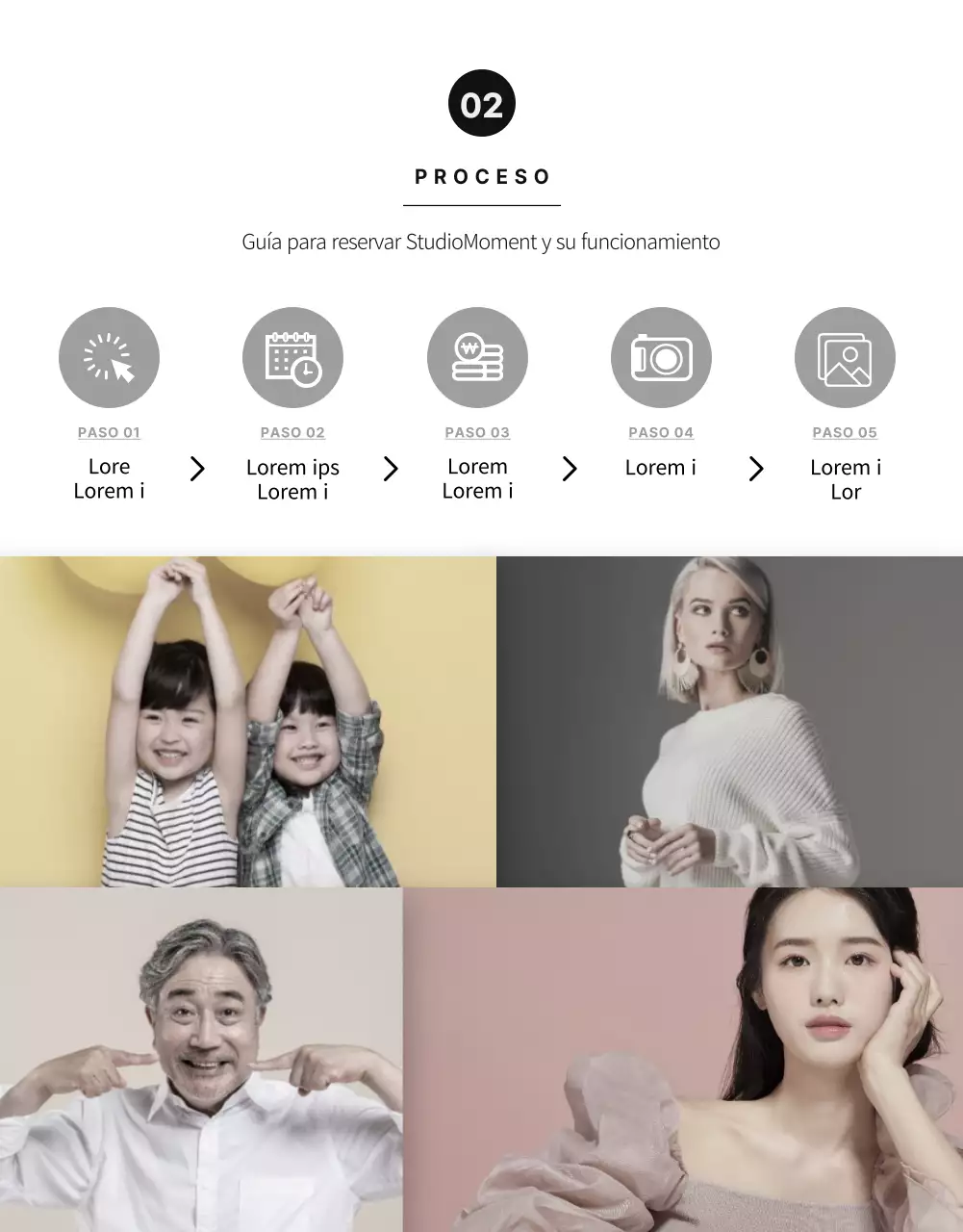 Página detallada del estudio fotográfico con tonos de color en blanco y negro