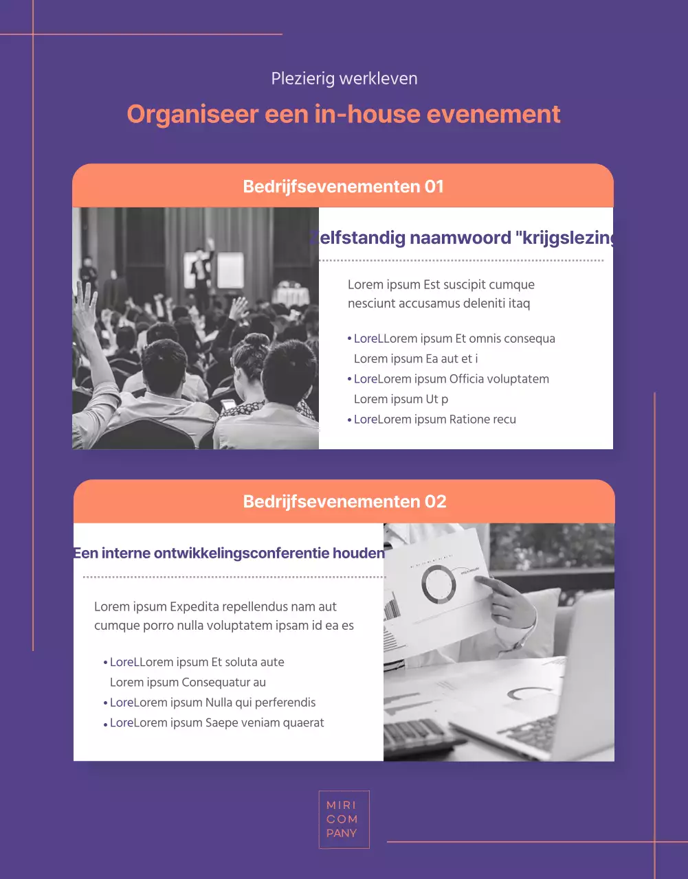 Details bedrijfsprogramma in paars met oranje accenten