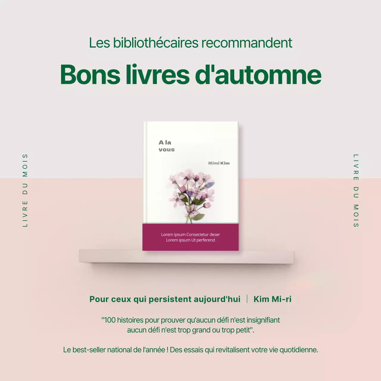 Promouvoir le livre du mois avec des étagères vertes et roses