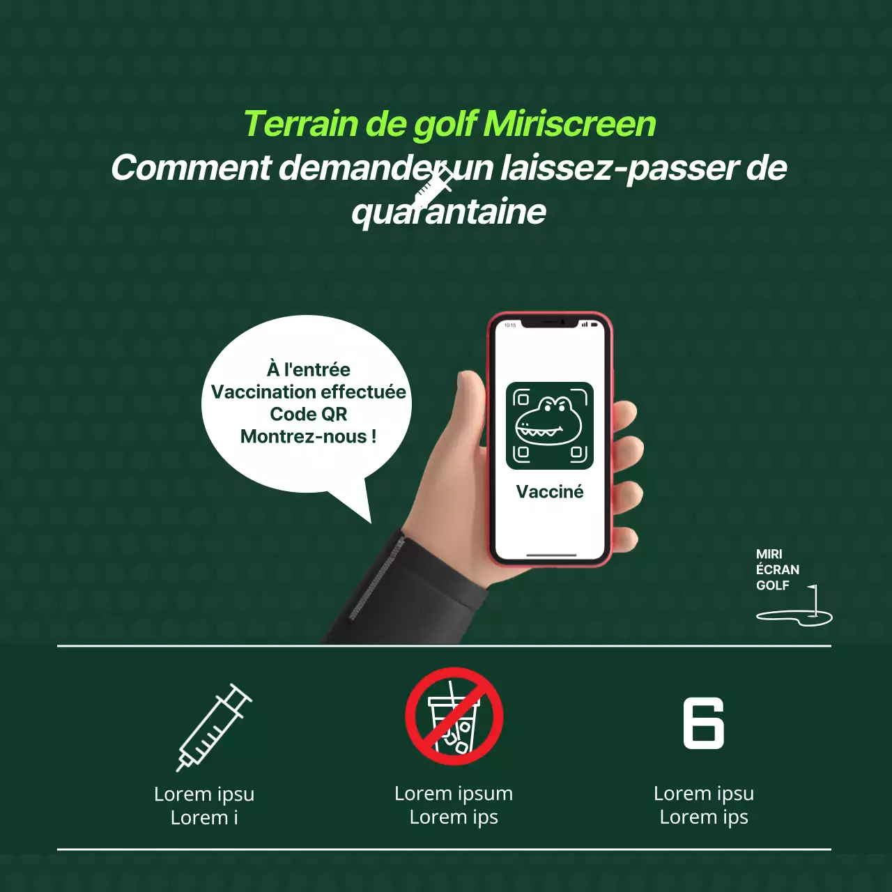 Annonce de l'application de l'écran du laissez-passer de quarantaine pour les terrains de golf avec un concept d'illustration vert apaisant
