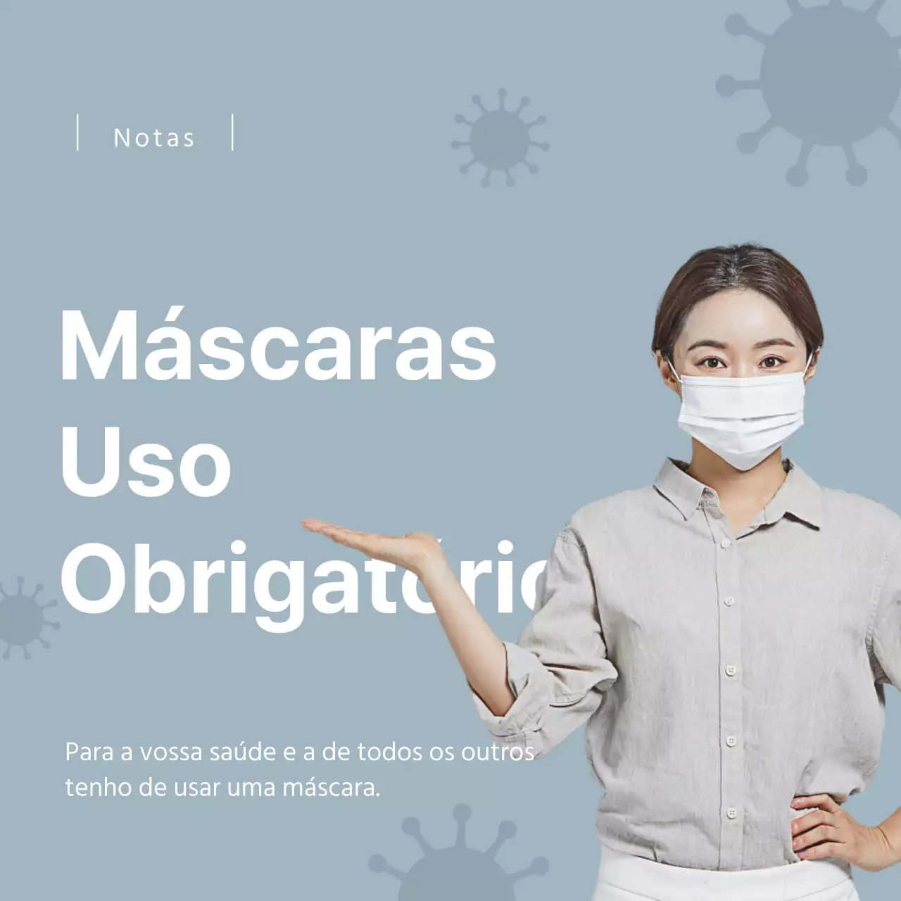 Máscara corona azul-clara com instruções de uso e design temático