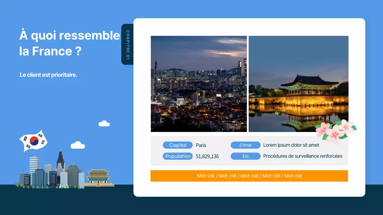Guide de voyage illustré bleu et bleu marine pour la Corée du Sud