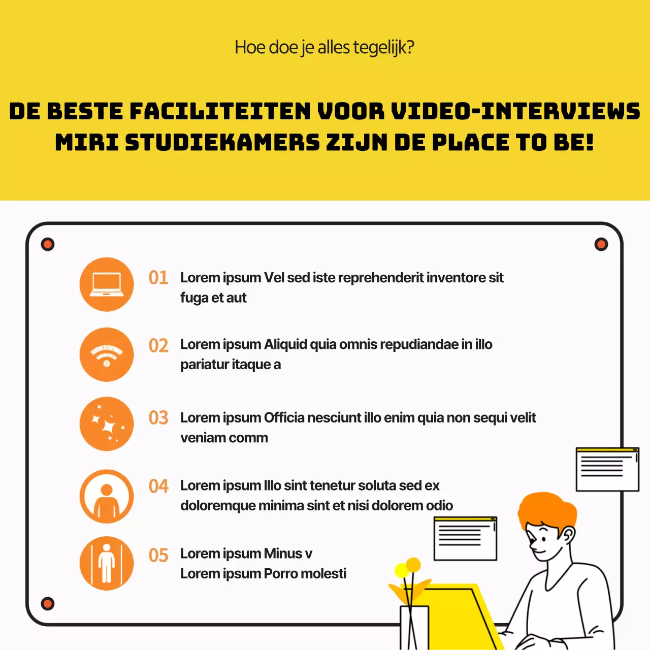 Adverteer en boek gele en witte studieruimtes voor persoonlijke interviews