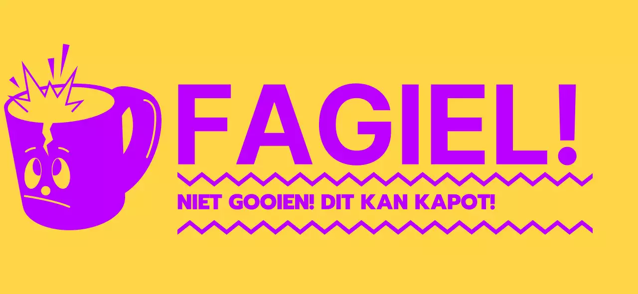 Waarschuwingsontwerp voor onderweg met gele en paarse tekens voor breekbekers