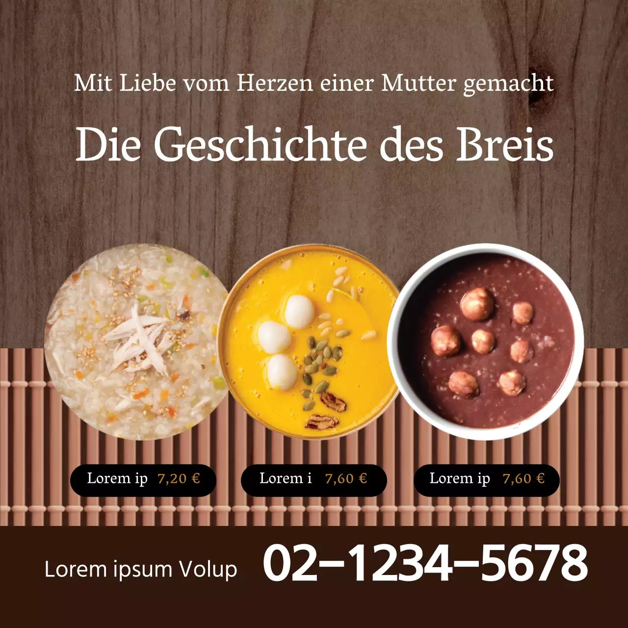 Gepflegtes Restaurant-Brei-Menü-Etikett mit braunem Fotohintergrund