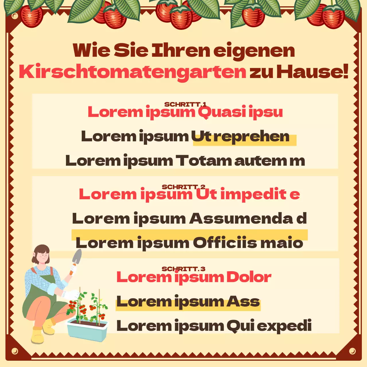 Kreieren Sie Ihren eigenen Kirschtomatengarten mit einem illustrierten Vintage-Konzept Setzling-Pflanzprojekt