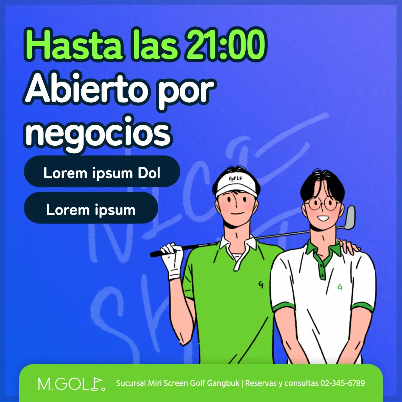 Horario de apertura de los campos de golf en azul y chartreuse