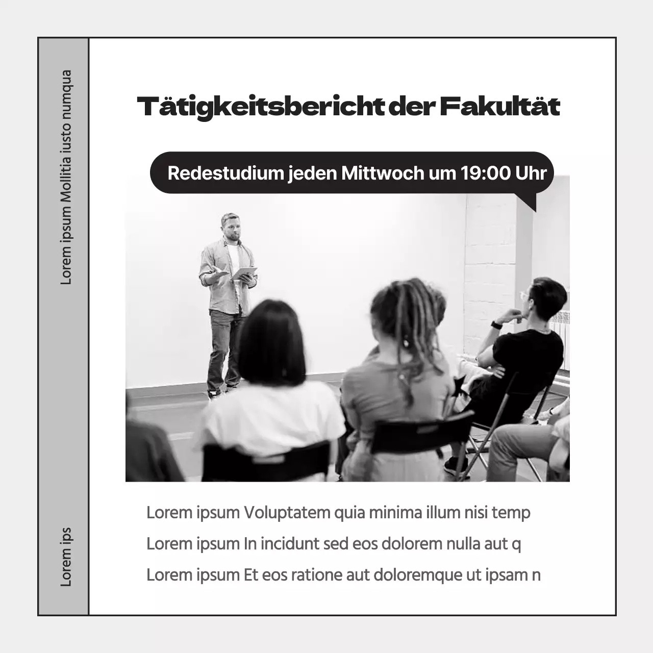 Ein einfacher grauer und schwarzer Tätigkeitsbericht der Studentenvereinigung