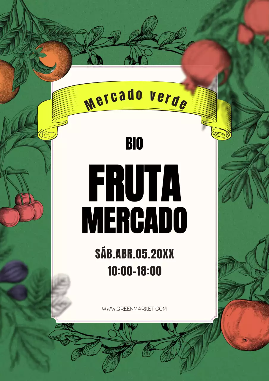 Cartel promocional de mercado agrícola con fruta dibujada a mano sobre fondo verde