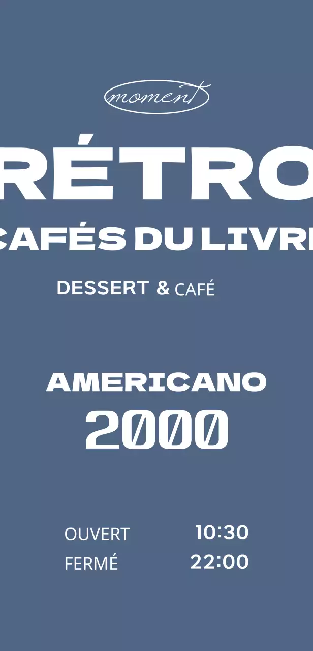 Enseigne de café-livre avec menu vintage sur fond bleu