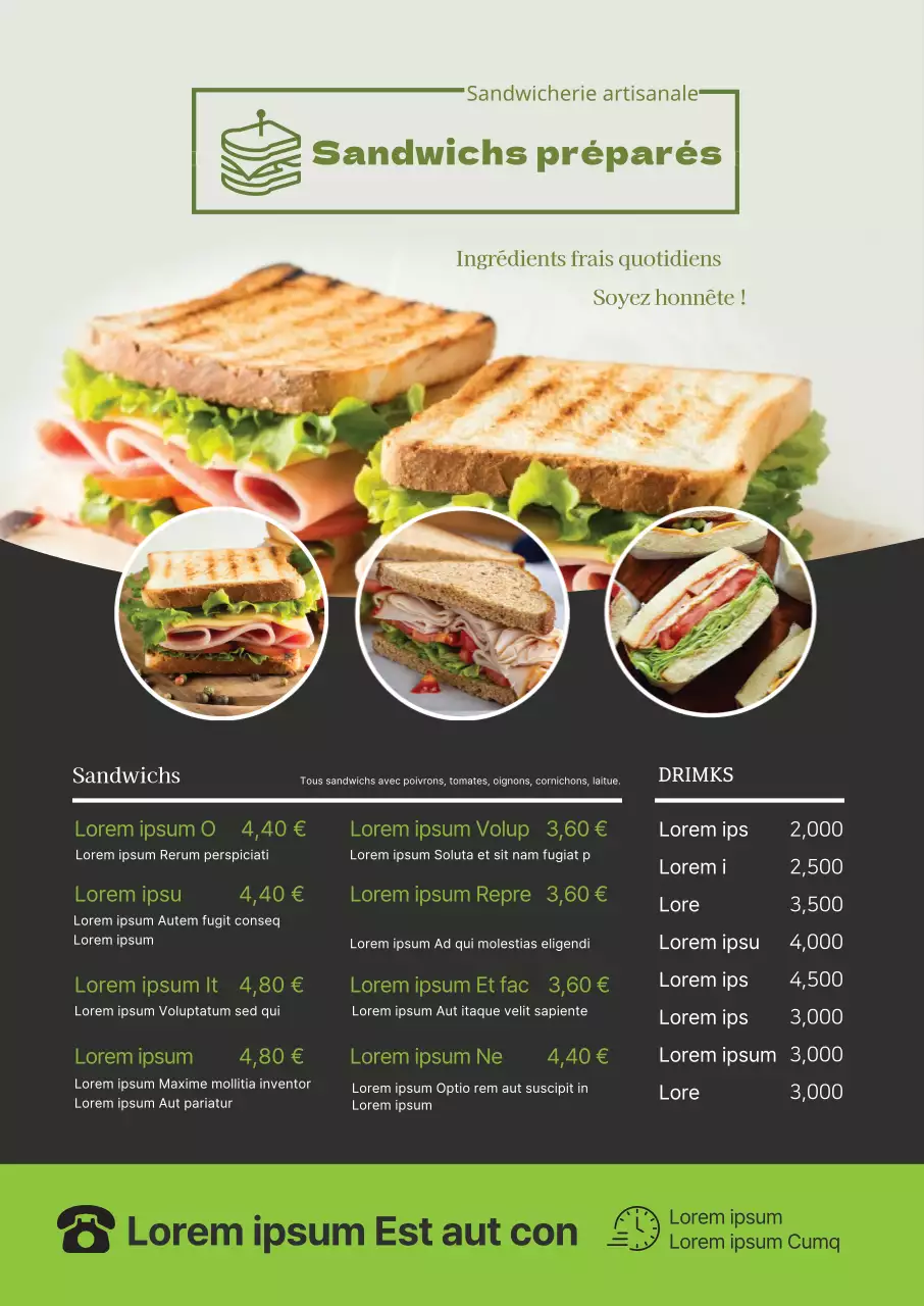 Une photo verte met en valeur le menu sandwich d'un restaurant propre