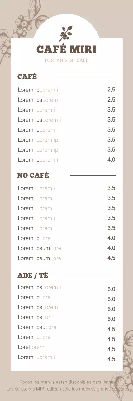 Cartel de menú de cafetería con ilustración botánica en marrón