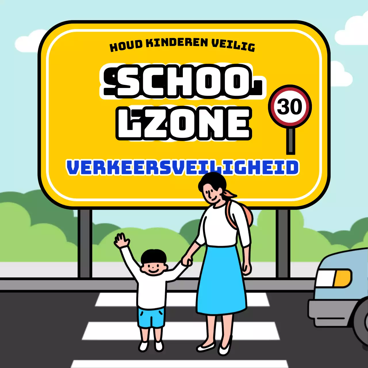 Tips voor verkeersveiligheid in schoolzone met geel en blauw bordconcept