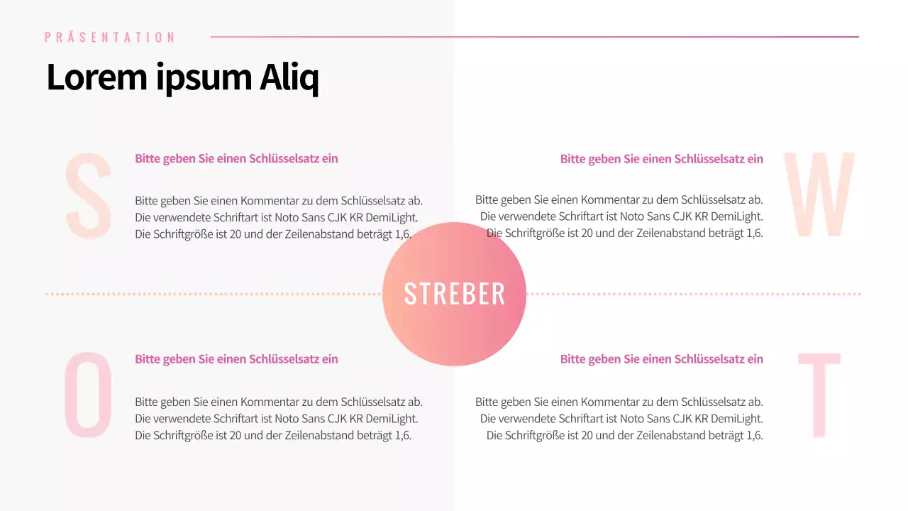 SWOT-Quadranten-Layout mit rosa Farbverlauf