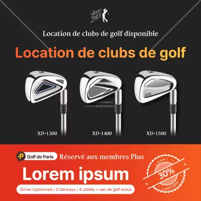 Clubs de golf noirs et rouges soignés avec une offre de location à prix réduit