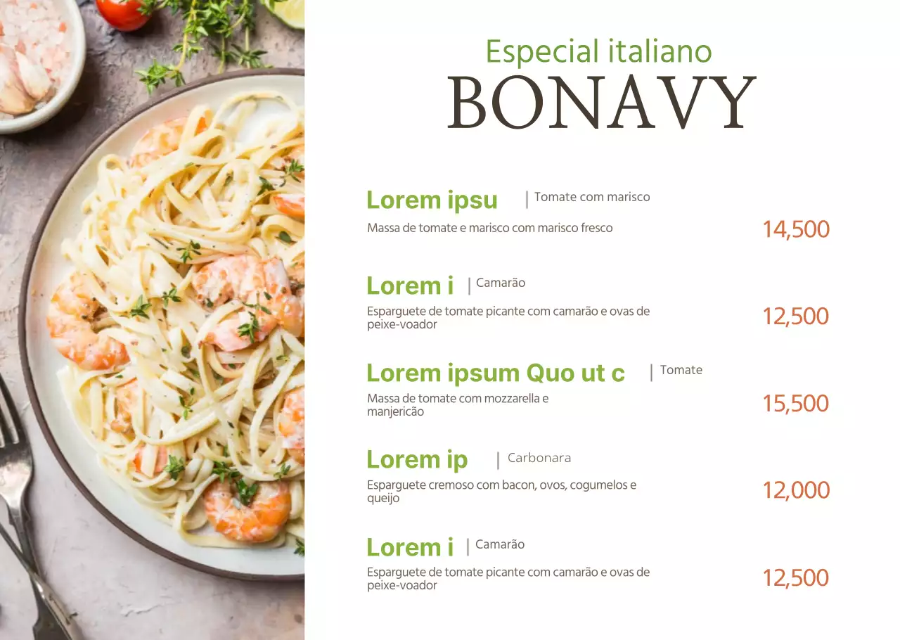 Fotografia simples de menu de comida italiana em papel transparente para restaurante
