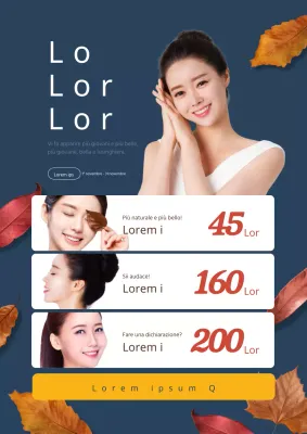 Promuovere un evento autunnale di chirurgia plastica con foglie blu che cadono e modelli femminili