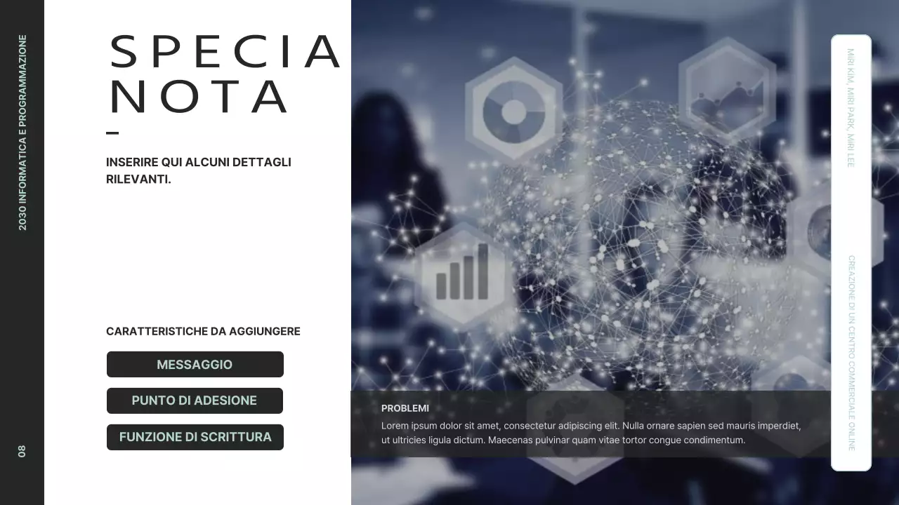 Presentare una panoramica pulita del progetto con grafica in nero e menta