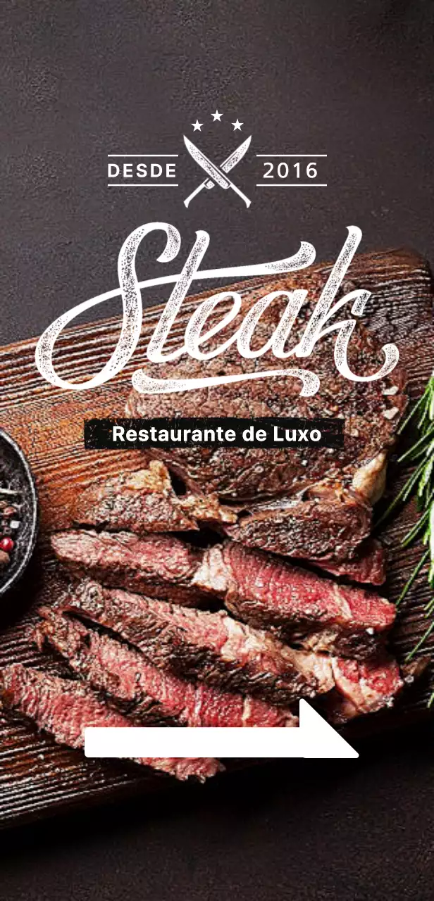 Cartaz de restaurante com uma imagem de um bife sobre um fundo preto