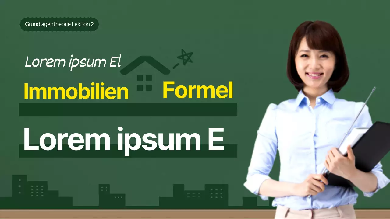 Lektion über Immobilienbau in grünem und gelbem Tafelrahmen