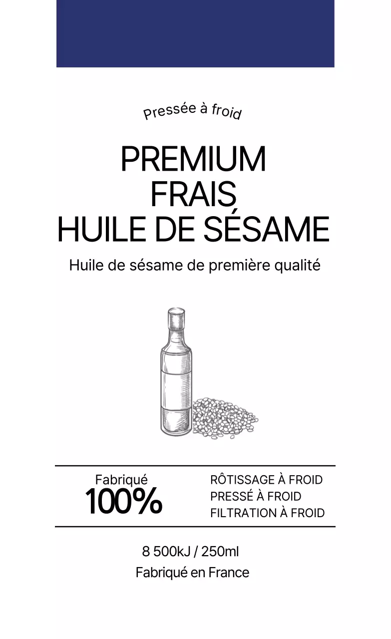 Étiquette d'information alimentaire sur l'huile de sésame simple blanc bleu marine