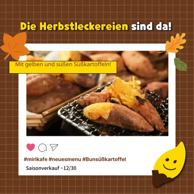 Werbung für das Süßkartoffel-Menü des neuen braun-gelben Cafés